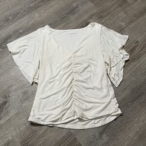 Soft Surroundings Shirt Womens M White Ruched‎ V-Neck Flutter Sleeve Modal Top